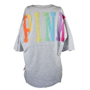 Victoria Secret Pink Heathered Grey Rainbow Pink Spellout Women's Top XL